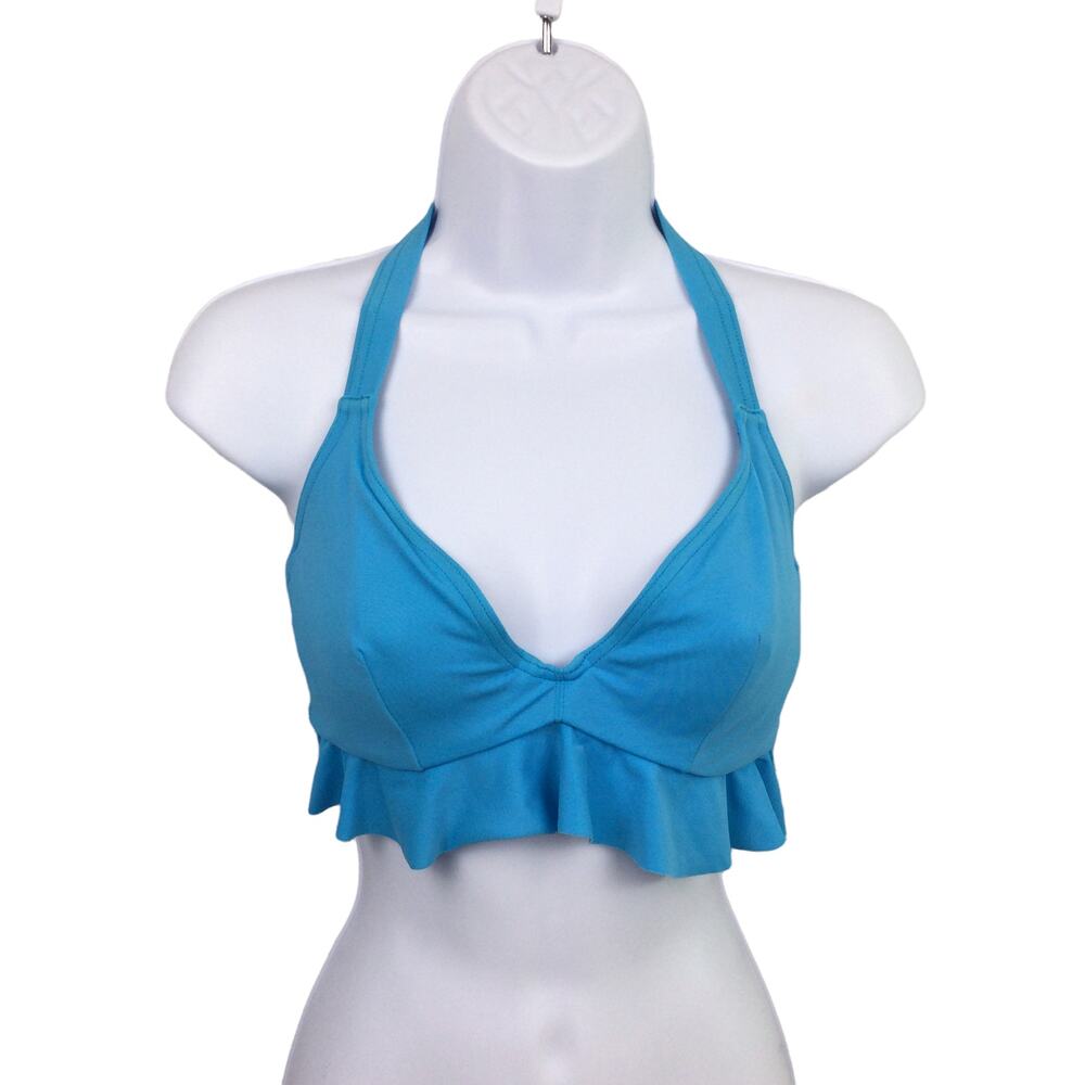 ASOS Swim Turquoise Halter Bikini Top Ruffle Trim Underwire Tie Back 36 DD/E